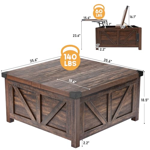 Farmhouse Lift Top Coffee Table with Storage and Charging Station, Brown J61149