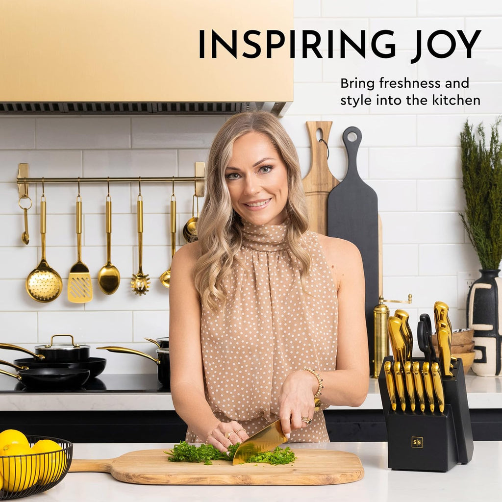 Black and Gold 20-Piece Knife Set with Block and Silicone Utensils Q8450