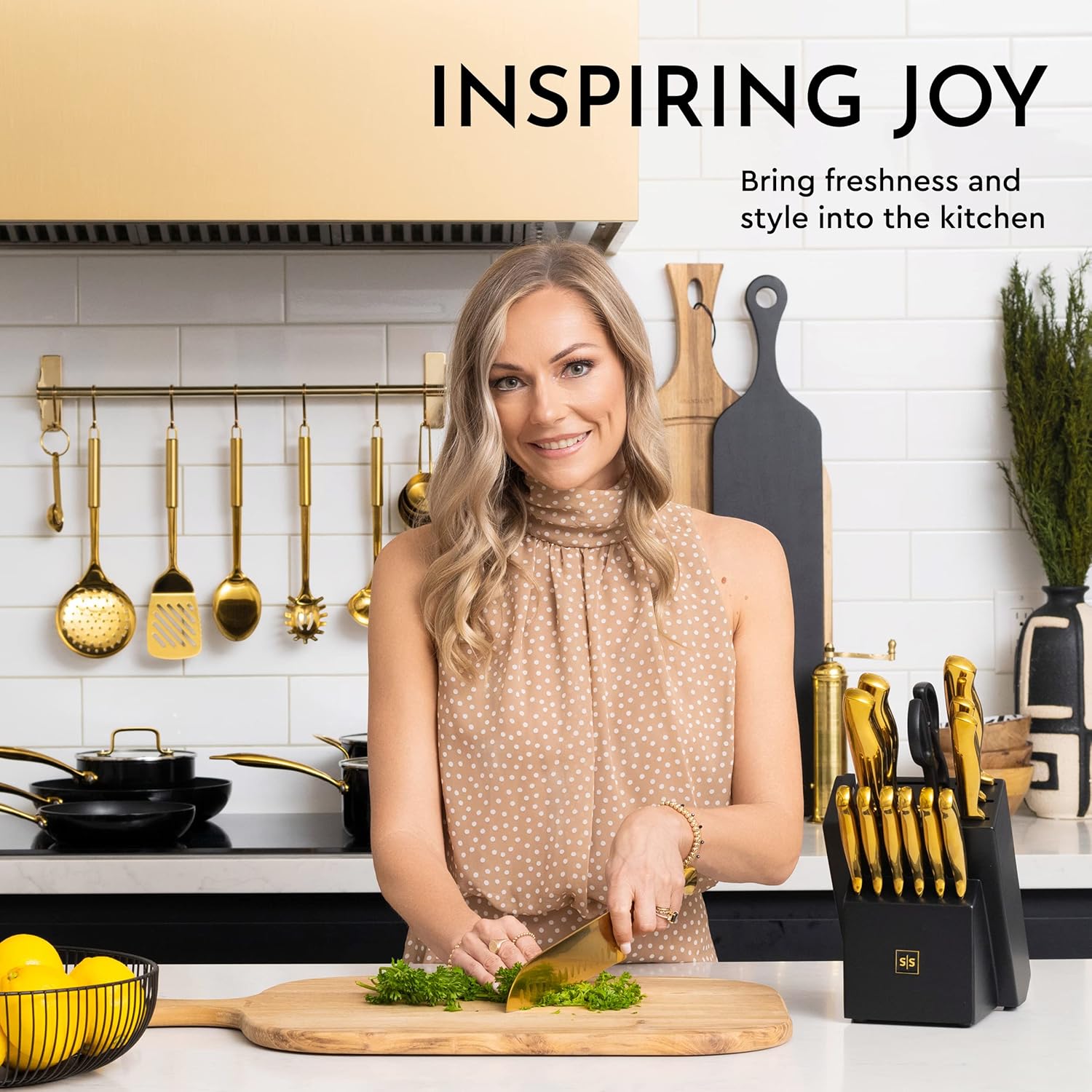 Black and Gold 20-Piece Knife Set with Block and Silicone Utensils Q8450
