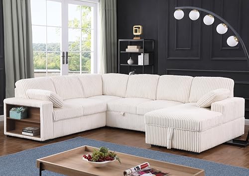 L-Shaped Pull Out Sleep Sofabed with Storage Chaise, Chenille Upholstered X30892