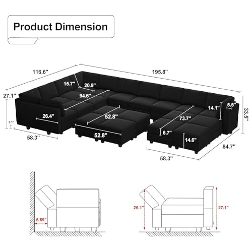 Belffin Oversized Modular Sectional Sofa with Double Chaises and Storage F17277