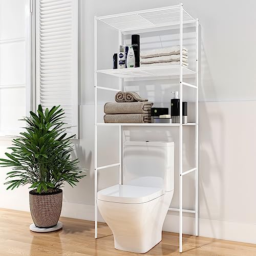 Over The Toilet Storage, 3-Tier Bathroom Organizer Shelf, Freestanding Space Saver, Toilet Stand, with Anti-Tip Kit, Waterproof Feet Pads, for Bathroom, Laundry, White