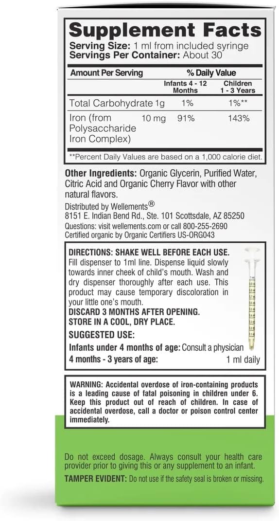 Wellements Organic Iron Drops for Babies, Cherry Flavor, 1 Fl Oz M699
