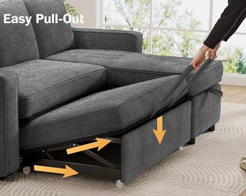81" L Shaped Sleeper Sofa Bed with Pull Out Chaise, Chenille Grey L3419