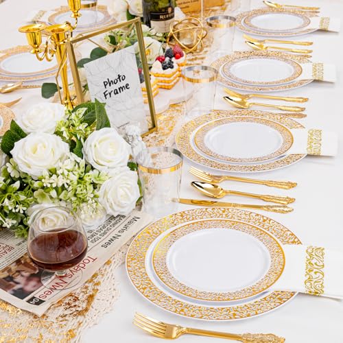 bUCLA 300PCS Gold Disposable Dinnerware Set - White and Gold Plastic Plates for Party S185