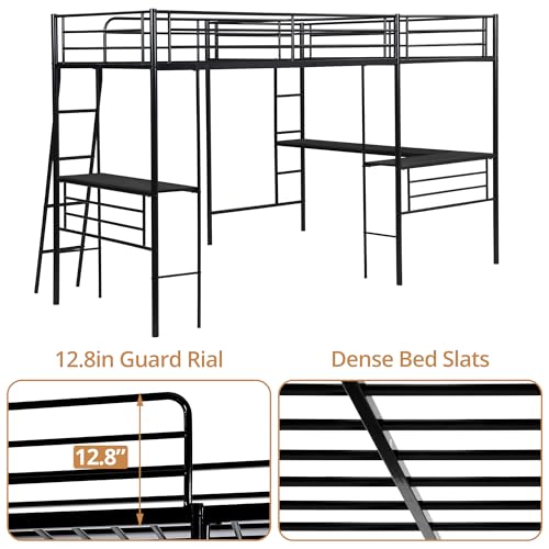 Twin L-Shaped Loft Bed with 2 Built-in Desks, Metal Frame, Black L216334