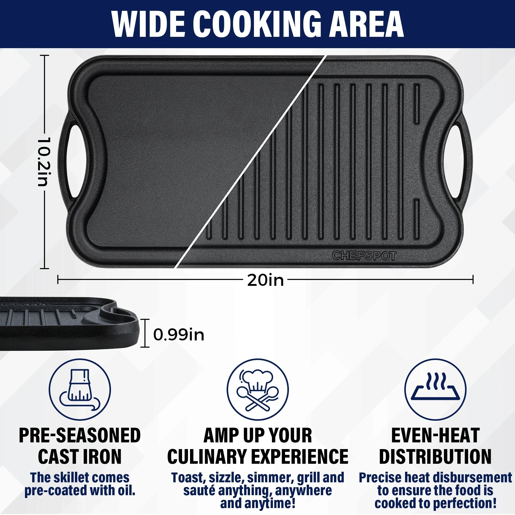 CHEFSPOT Preseasoned Cast Iron Reversible Griddle Plate Pan Y665
