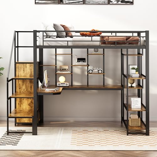 Full Size Loft Bed with Desk & Stairs, Heavy Duty Metal, Black E948