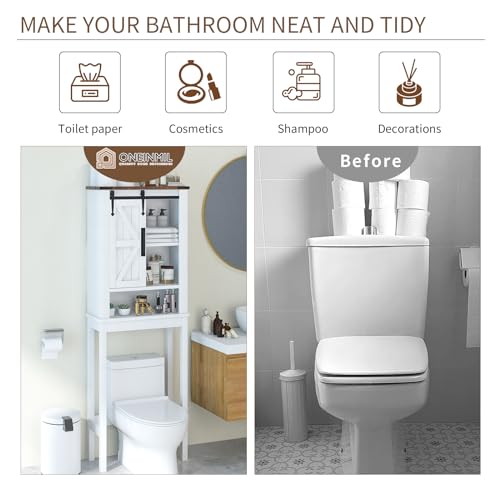 oneinmil Over The Toilet Storage Cabinet, Farmhouse White with Barn Doors B300