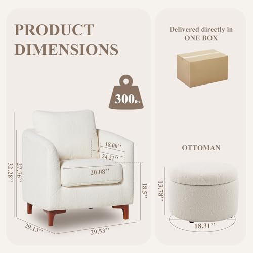 COLAMY Sherpa Accent Chair with Storage Ottoman Set, Cream E290651