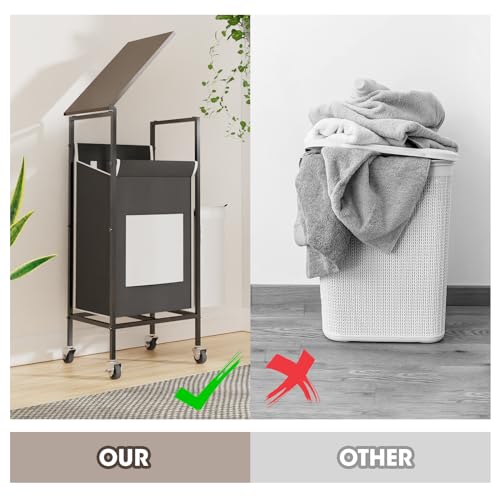 Laundry Hamper with Lid, Rolling Metal Frame Laundry Basket with Wheels, Black A6918