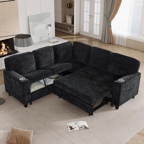 L-Shaped Pull Out Sleep Sofabed with Storage Chaise, Chenille Upholstered X30892
