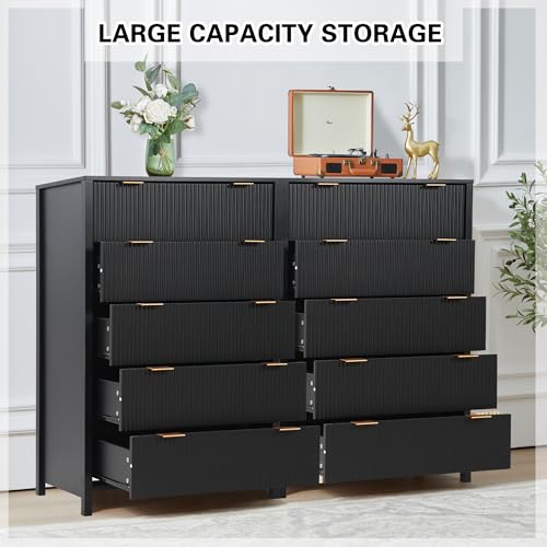 Fluted 5 Drawers Dresser for Bedroom, Wooden Tall Storage, Walnut L1075