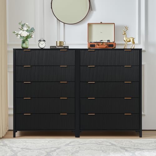 Fluted 5 Drawers Dresser for Bedroom, Wooden Tall Storage, Walnut L1075