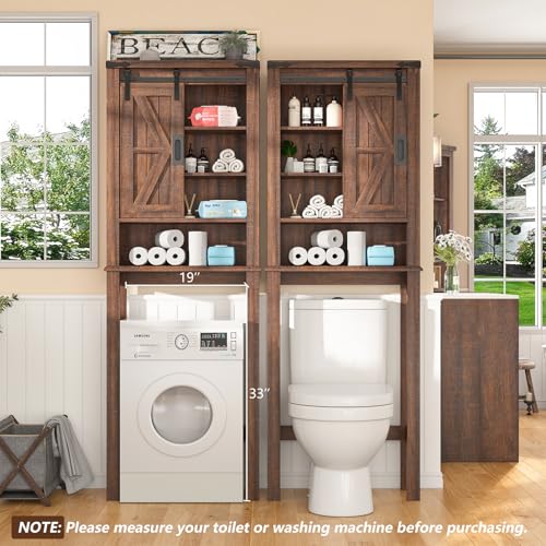 Farmhouse Over The Toilet Storage Cabinet 68" Tall with Sliding Barn Door, Rustic Oak & White E269