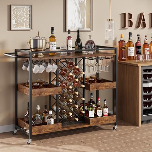 3 Tier Rolling Bar Cart with Wine Rack and Glass Holder, Brown M334896