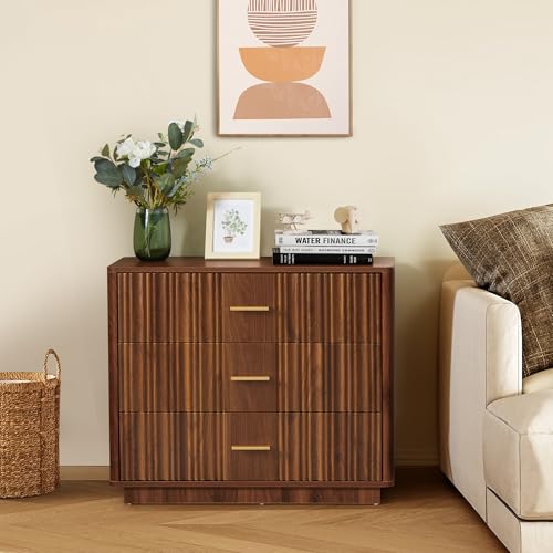 Fluted 5 Drawers Dresser for Bedroom, Wooden Tall Storage, Walnut L1075