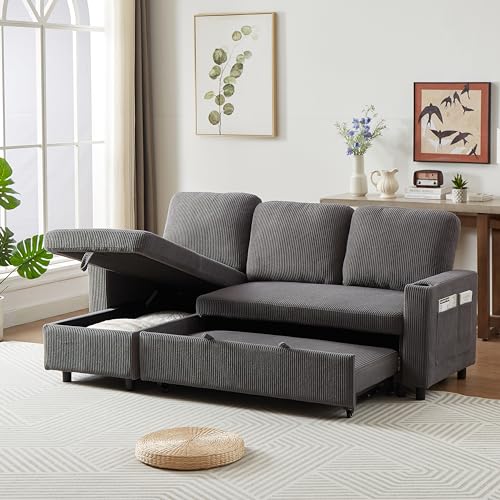 L-Shaped Pull Out Sleep Sofabed with Storage Chaise, Chenille Upholstered X30892