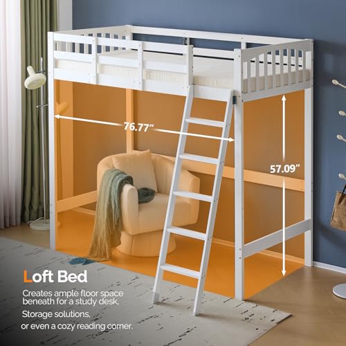 VINGLI Twin Loft Bed with L-Shaped Desk, 3 Storage Drawers, Solid Wood, White W24917