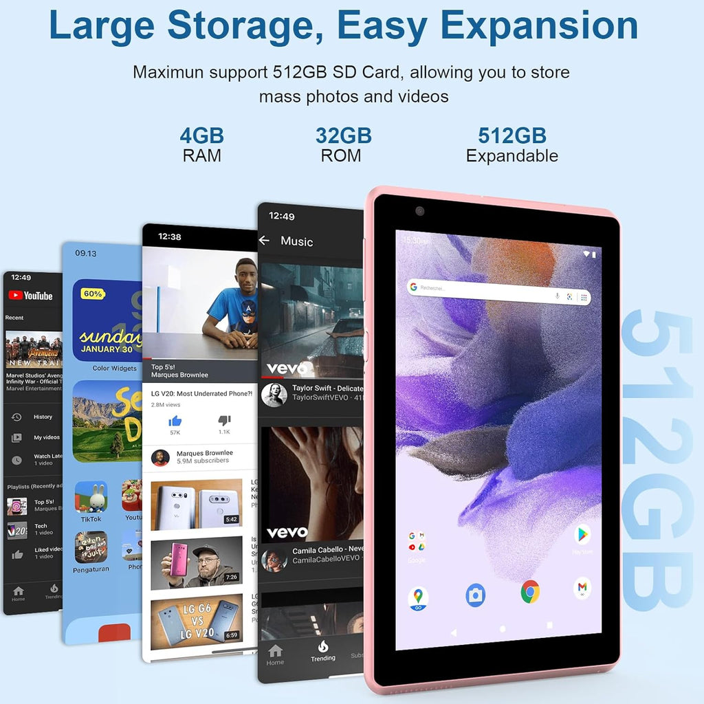 7 inch Android 12 Tablet, 4GB+32GB, WiFi, Dual Camera, Pink V3363