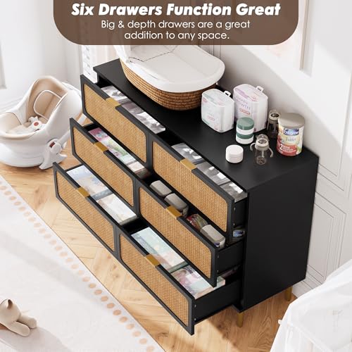 Rattan 5 Drawer Tall Dresser for Bedroom, Black V99880