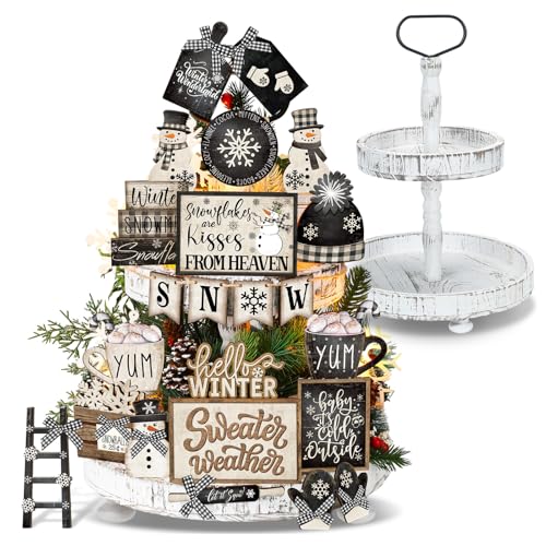 Nuogo 24 Pcs Christmas Tiered Tray Decorations Set with 2 Tier Stand C248