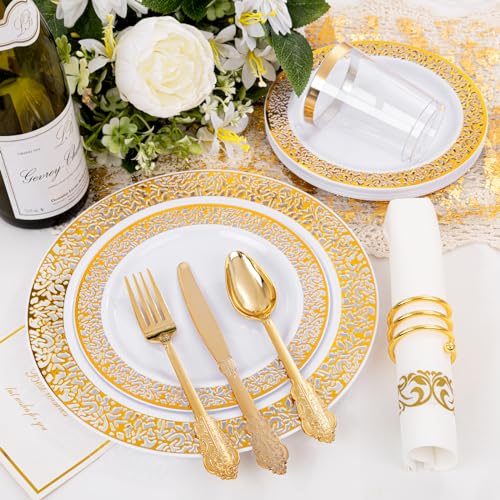 bUCLA 300PCS Gold Disposable Dinnerware Set - White and Gold Plastic Plates for Party S185