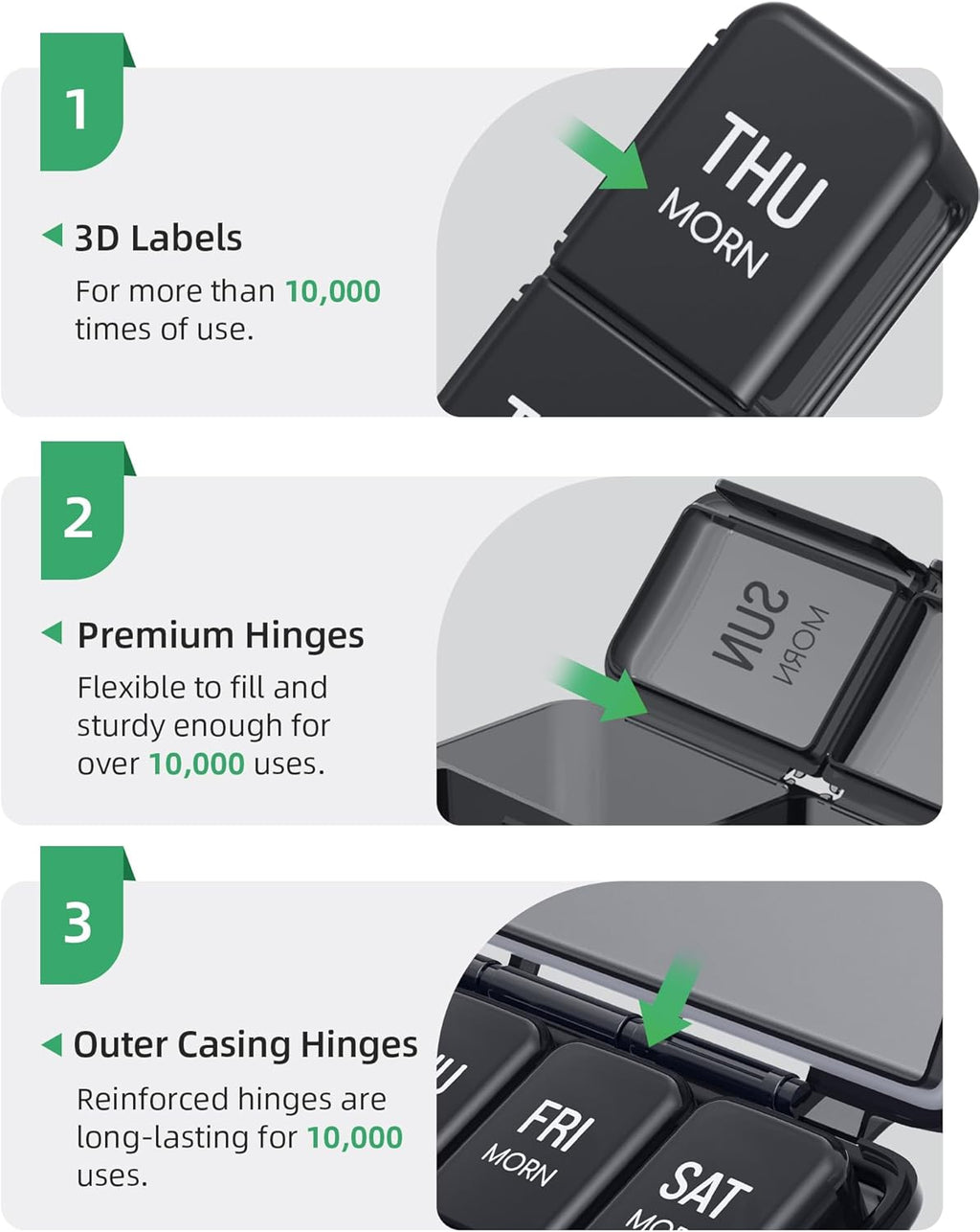 PULIV Pill Organizer 3 Times a Day, 7 Day Weekly Pill Case, Black X1223