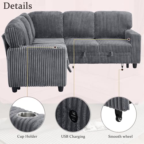 L-Shaped Pull Out Sleep Sofabed with Storage Chaise, Chenille Upholstered X30892