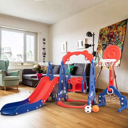 5 in 1 Toddler Slide and Swing Set for Kids Age 1-8, Indoor Outdoor Playset with Basketball Hoop O9645