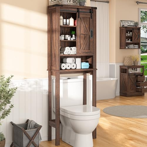 Farmhouse Over The Toilet Storage Cabinet, 68" Tall Bathroom Storage Cabinet with Sliding Barn Door & Adjustable Shelves, Above Toilet Storage for Bathroom, Laundry Room, Rustic Oak & White