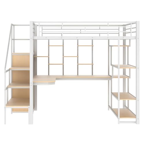 Full Size Loft Bed with Desk & Stairs, Heavy Duty Metal, Black E948