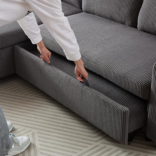 L-Shaped Pull Out Sleep Sofabed with Storage Chaise, Chenille Upholstered X30892