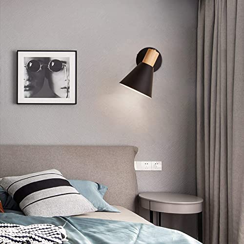 Plug in Wall Sconce, Dimmable Wood Style Reading Lamp, Black O467