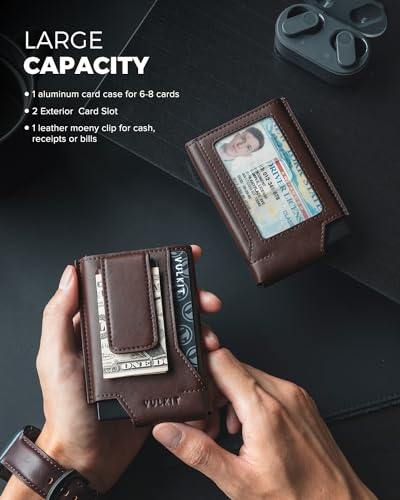 VULKIT Mens Slim Leather RFID Blocking Pop Up Card Wallet with Money Clip H829