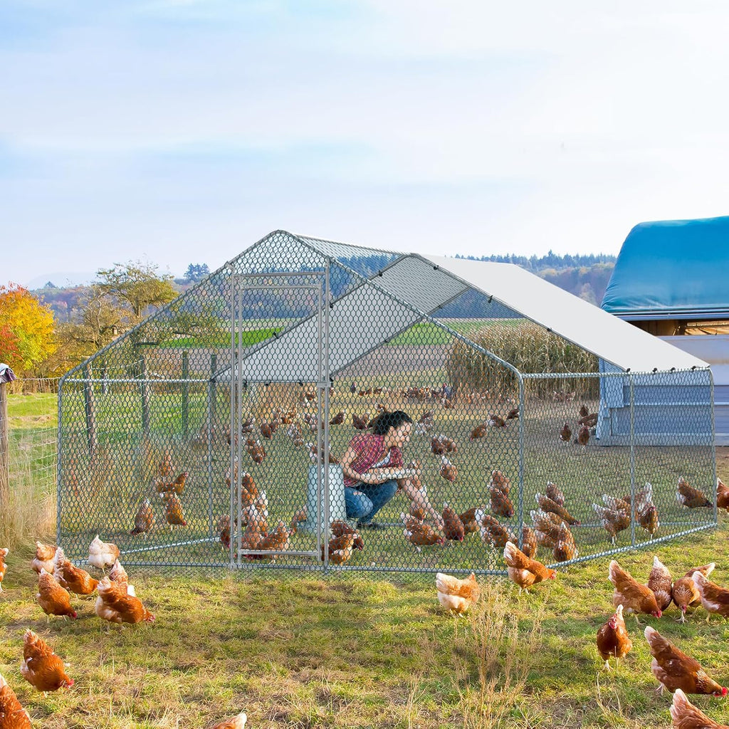 Large Metal Chicken Coop 13 x 10 ft Walk-in Poultry Cage with Waterproof Cover N27621