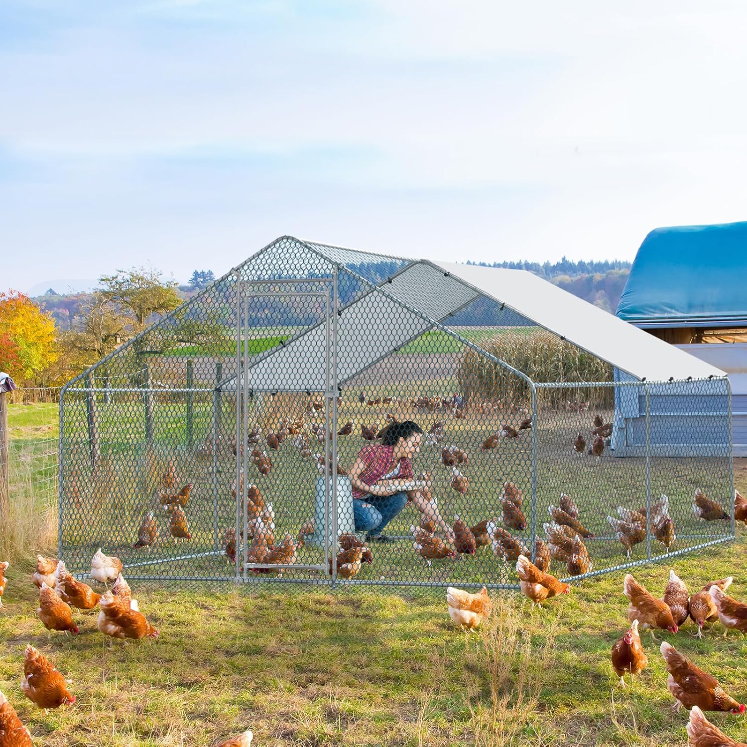 Large Metal Chicken Coop 13 x 10 ft Walk-in Poultry Cage with Waterproof Cover N27621