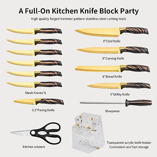 Gold Knife Block Set with Acrylic Stand, 14Pcs Stainless Steel Kitchen Knives U2598