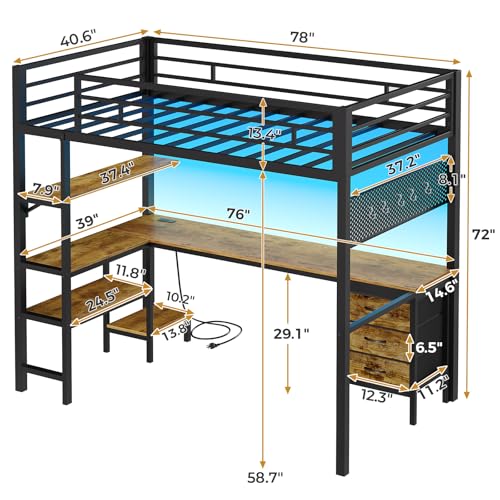 ADORNEVE Twin Size Metal Loft Bed with L-Shaped Desk, LED Lights, Charging Station S614727