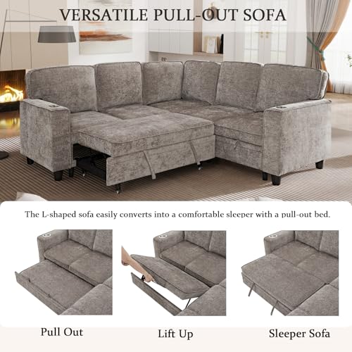 L-Shaped Pull Out Sleep Sofabed with Storage Chaise, Chenille Upholstered X30892