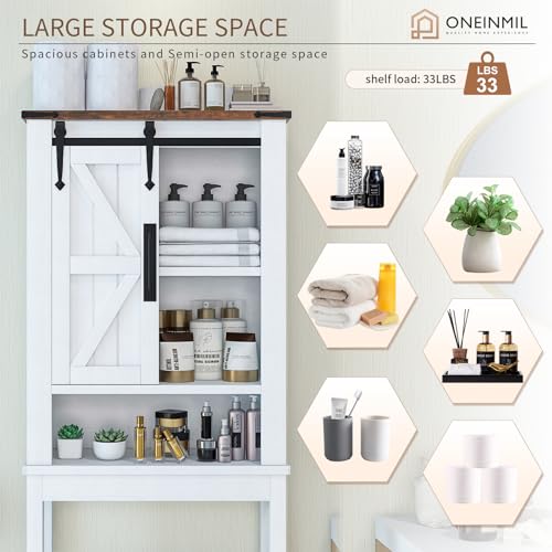 oneinmil Over The Toilet Storage Cabinet, Farmhouse White with Barn Doors B300