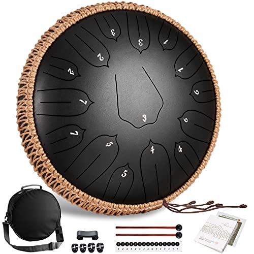 Steel Tongue Drum 14 Inch 15 Notes Hand Drums with Travel Bag Mallets Music Book, C Major Musical Instruments for Adults - Concert Percussion - Sound Healing (Navy)