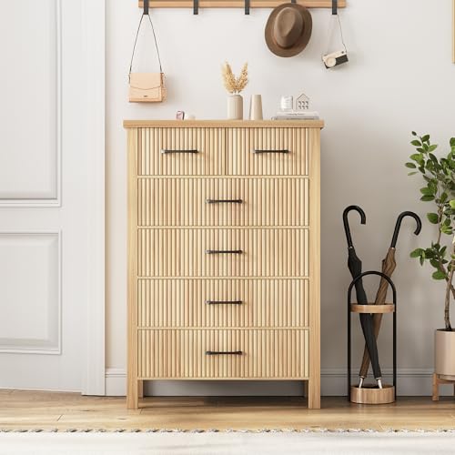 Fluted 6 Drawers Dresser for Bedroom, Tall Boho Chest with Metal Handle, Natural Oak S427