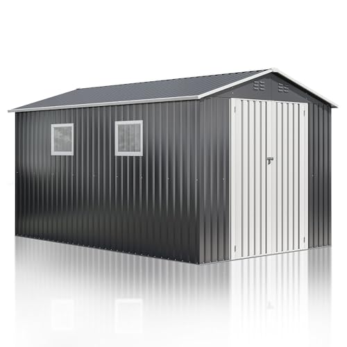 10x10 FT Outdoor Metal Storage Shed with Lockable Doors, Grey Q804763