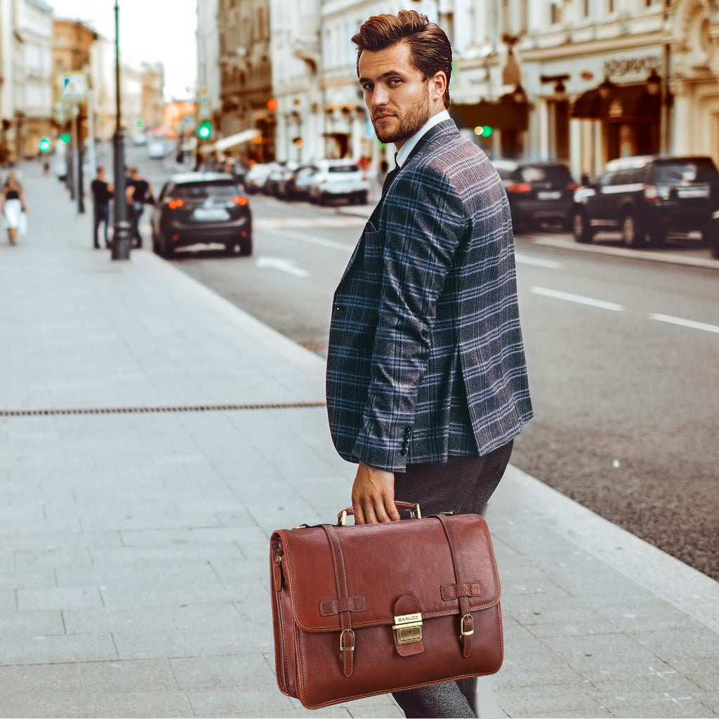 Banuce Vintage Genuine Full Grain Italian Leather Briefcase for Men with Lock 14 Inch Laptop Bag Brown B507453