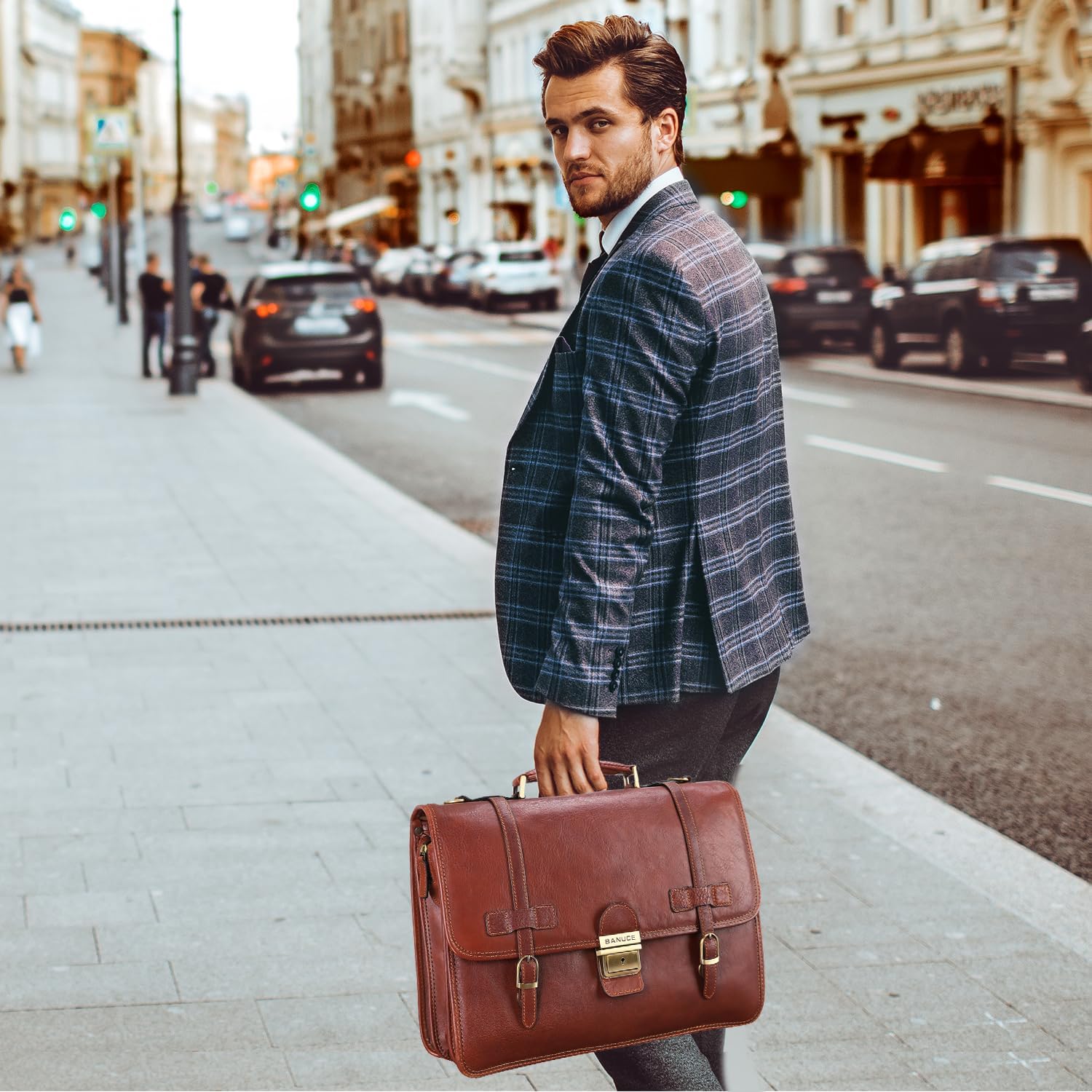 Banuce Vintage Genuine Full Grain Italian Leather Briefcase for Men with Lock 14 Inch Laptop Bag Brown B507453