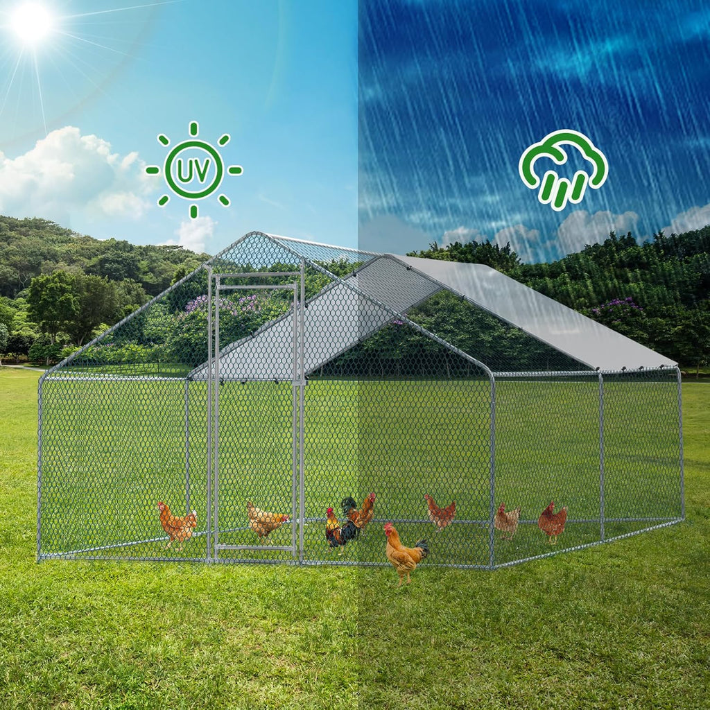 Large Metal Chicken Coop 13 x 10 ft Walk-in Poultry Cage with Waterproof Cover N27621