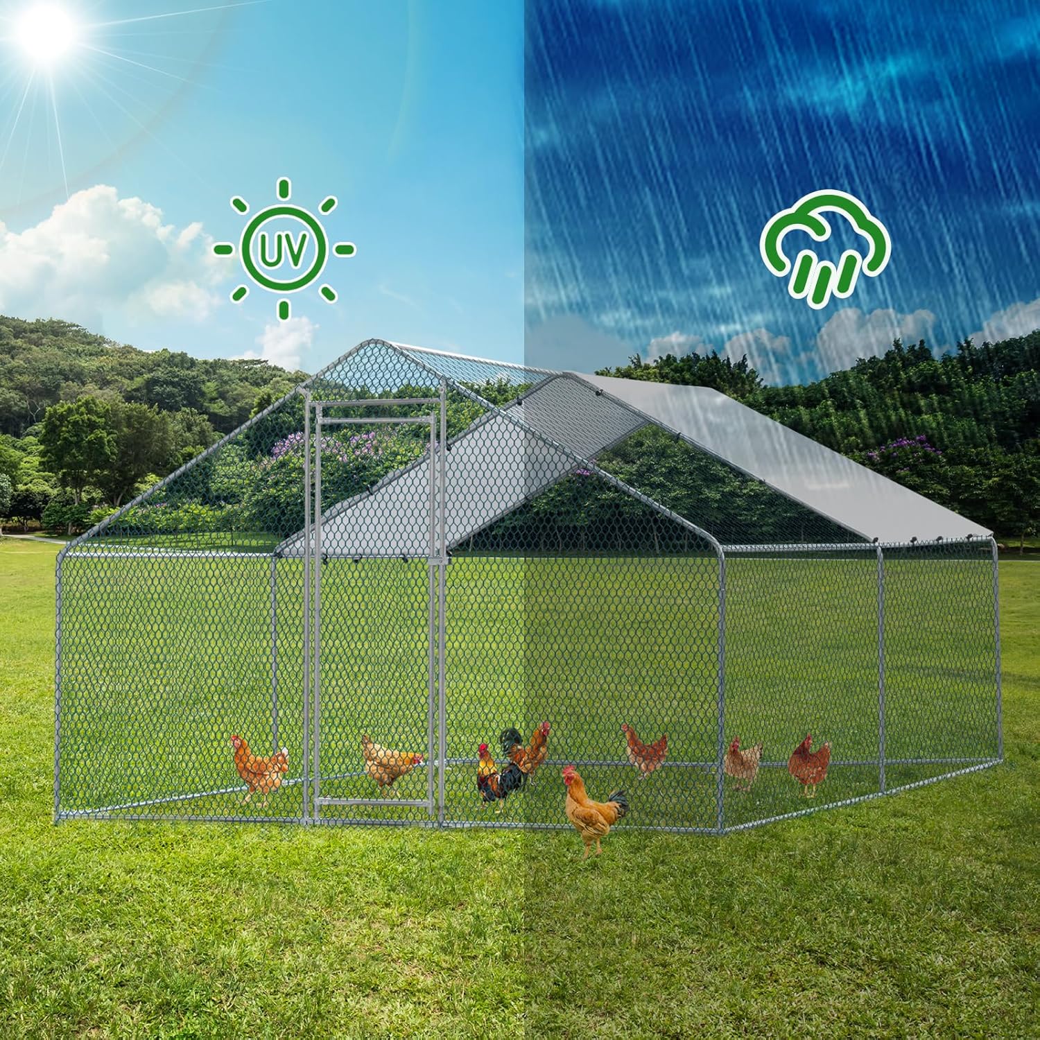 Large Metal Chicken Coop 13 x 10 ft Walk-in Poultry Cage with Waterproof Cover N27621