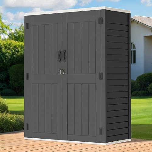 GOOBED Vertical Outdoor Storage Shed, 59 cu ft Lockable Waterproof Tool Organizer, Brown L70366