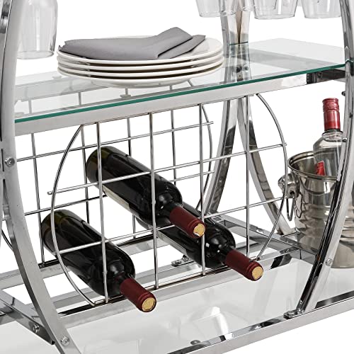 Silver Bar Cart Rolling Liquor Serving Cart with Wine Rack & Glass Holder O726690
